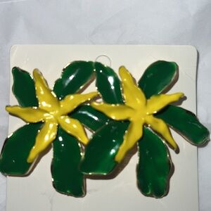 Green and Yellow Enamel Floral Earrings Pierced